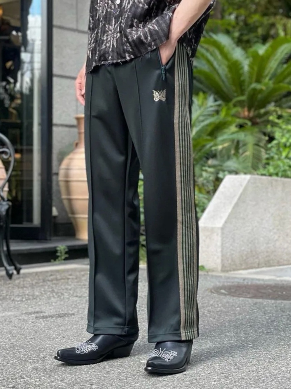 Needles Black Sweatpants with Olive Contrast Side Stripes 0349
